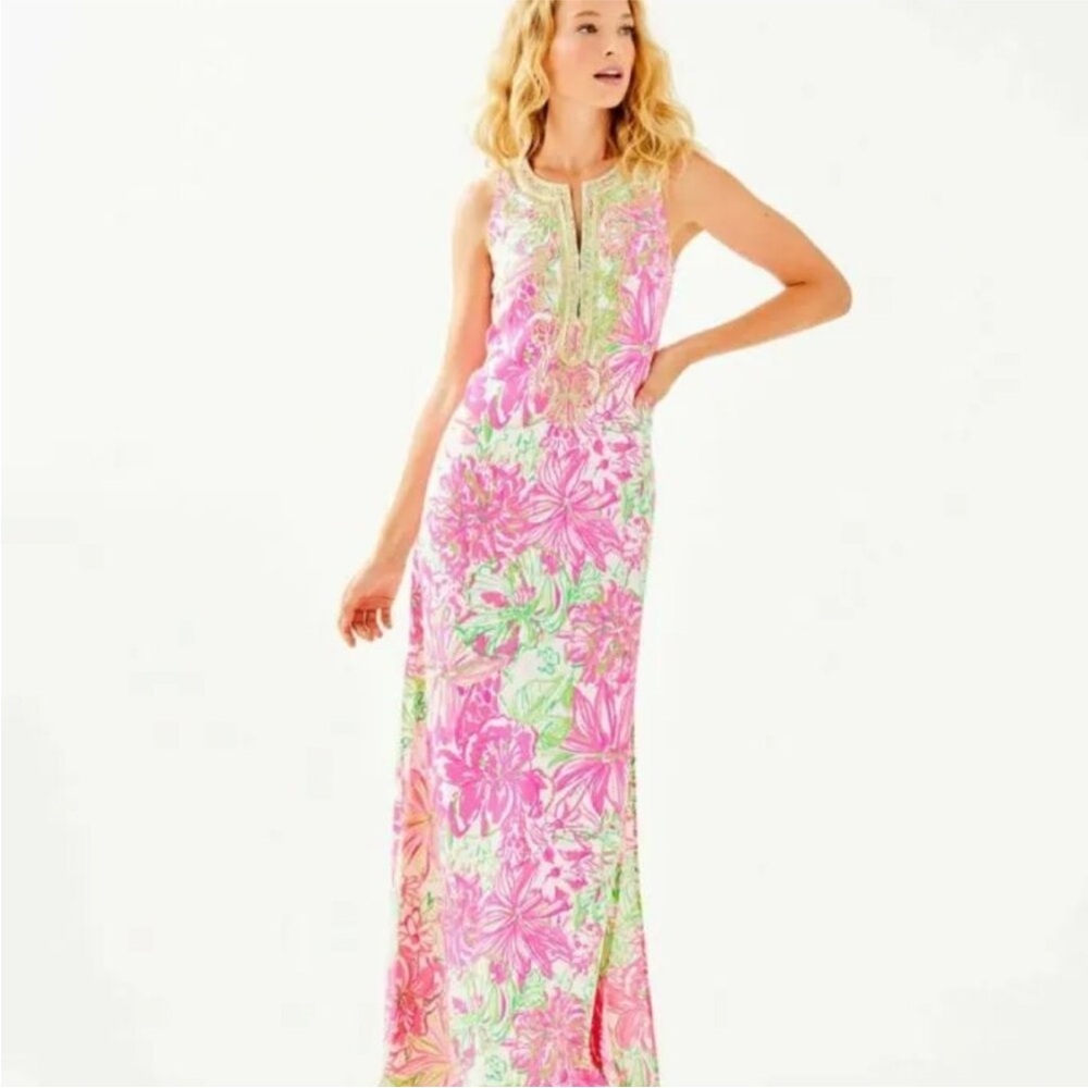Lilly Pulitzer Pink and Green Floral Maxi Skirt